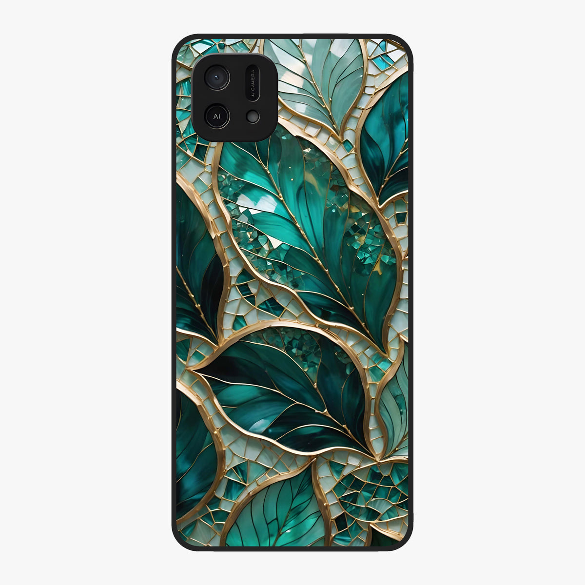 Emerald Leaf Glass Glass Case showing flat back view with emerald green leaf artwork and glossy glass finish.