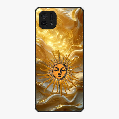 Eternal Golden Glow Glass Case showing flat back view with radiant golden themed artwork and glossy glass finish.