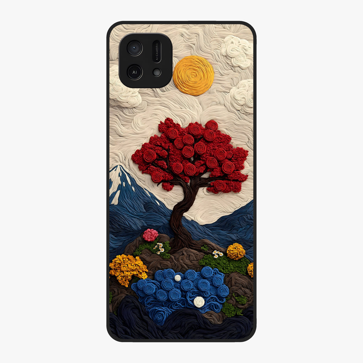 Eternal Nature Tapestry Glass Case showing flat back view with intricate nature tapestry artwork and glossy glass finish.