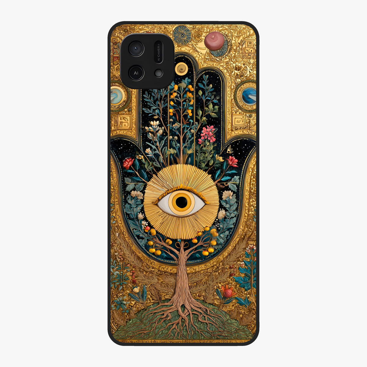 Ethereal Evil Eye Glass Case showing flat back view with mystical evil eye artwork and glossy glass finish.