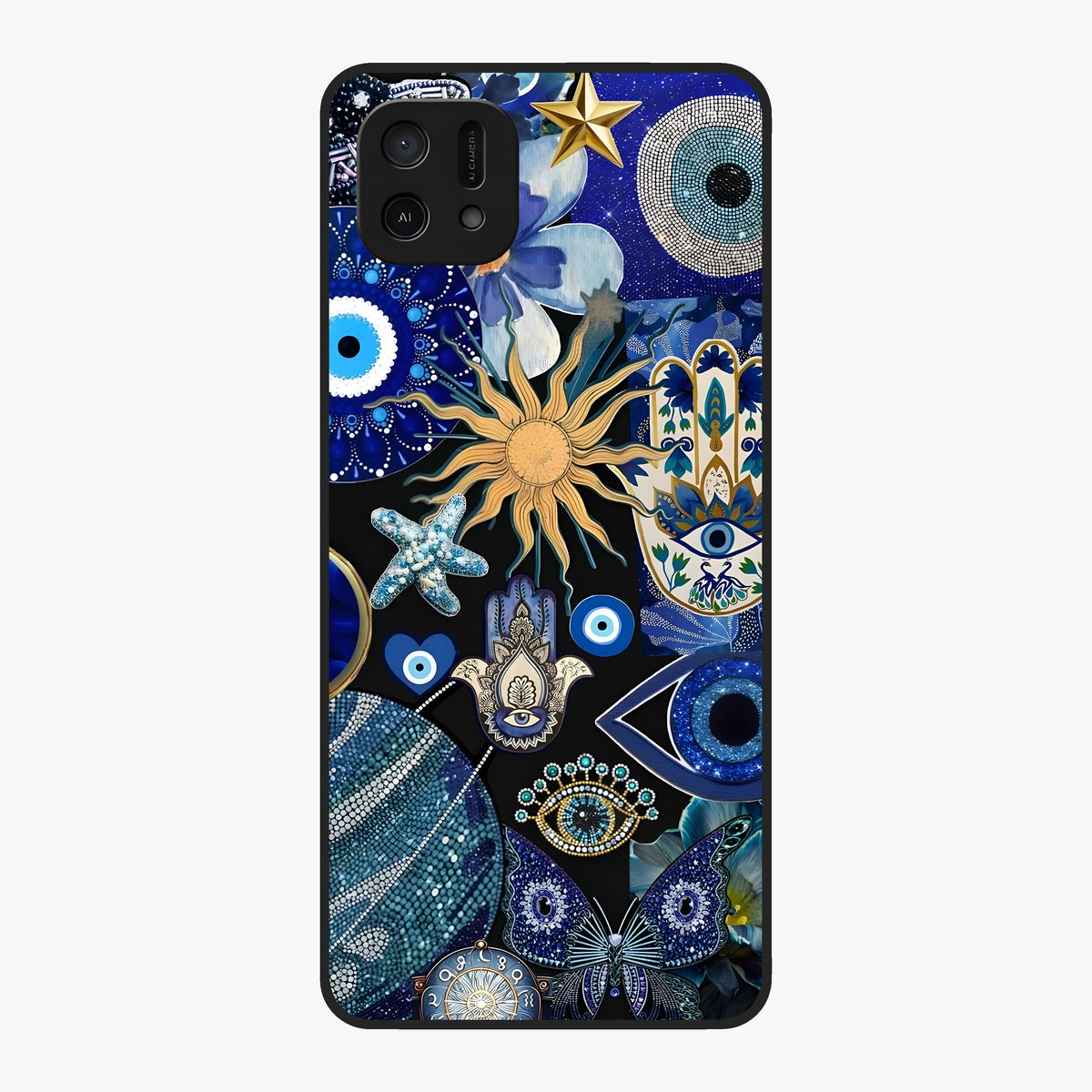 Evil Eye Charm Mix Glass Case showing flat back view with multiple evil eye charms artwork and glossy glass finish.
