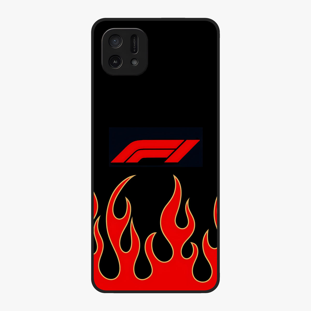 Fire F11 Glass Case showing flat back view with fiery themed artwork and glossy glass finish.