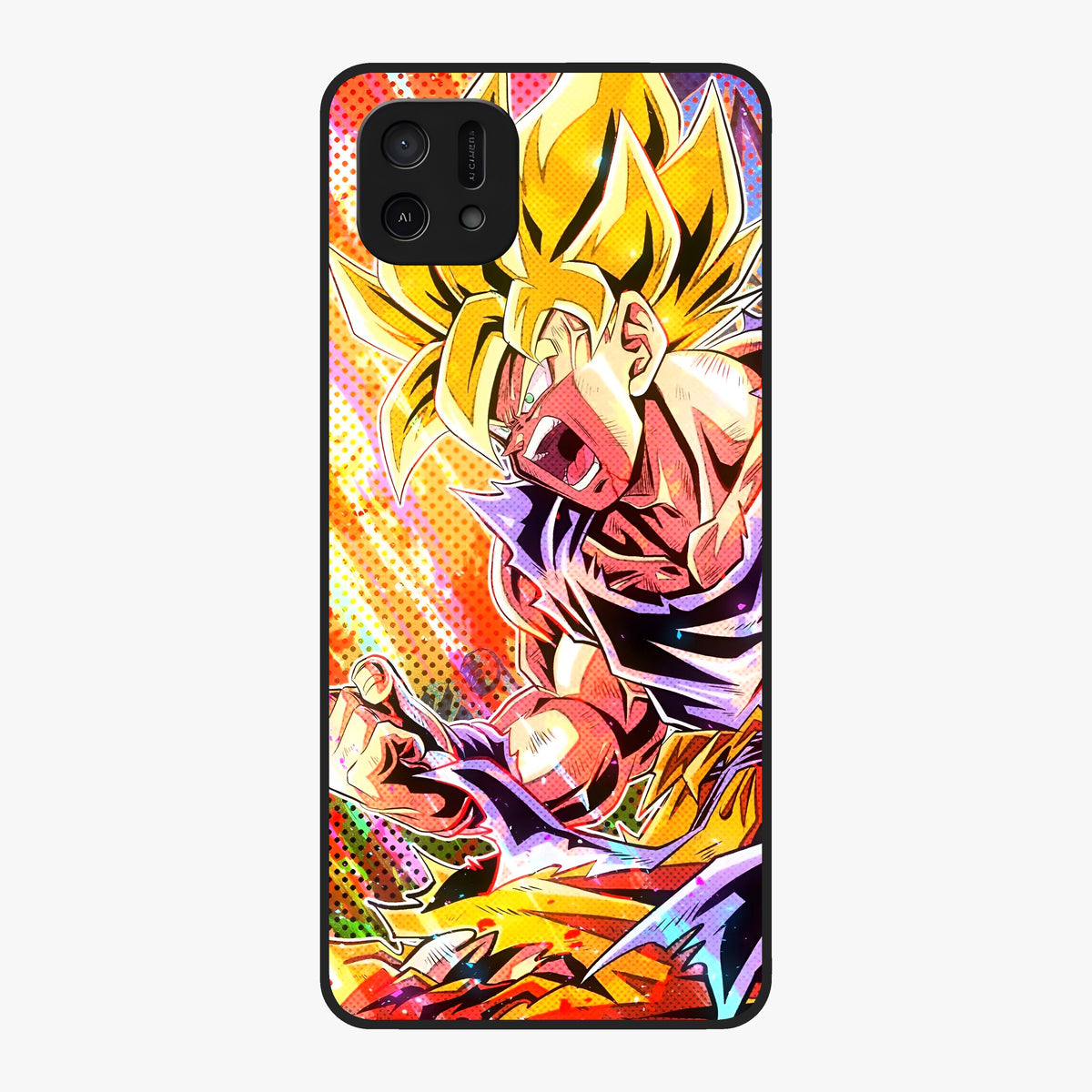 Firing Goku Glass Case showing flat back view with powerful anime inspired artwork and glossy glass finish.