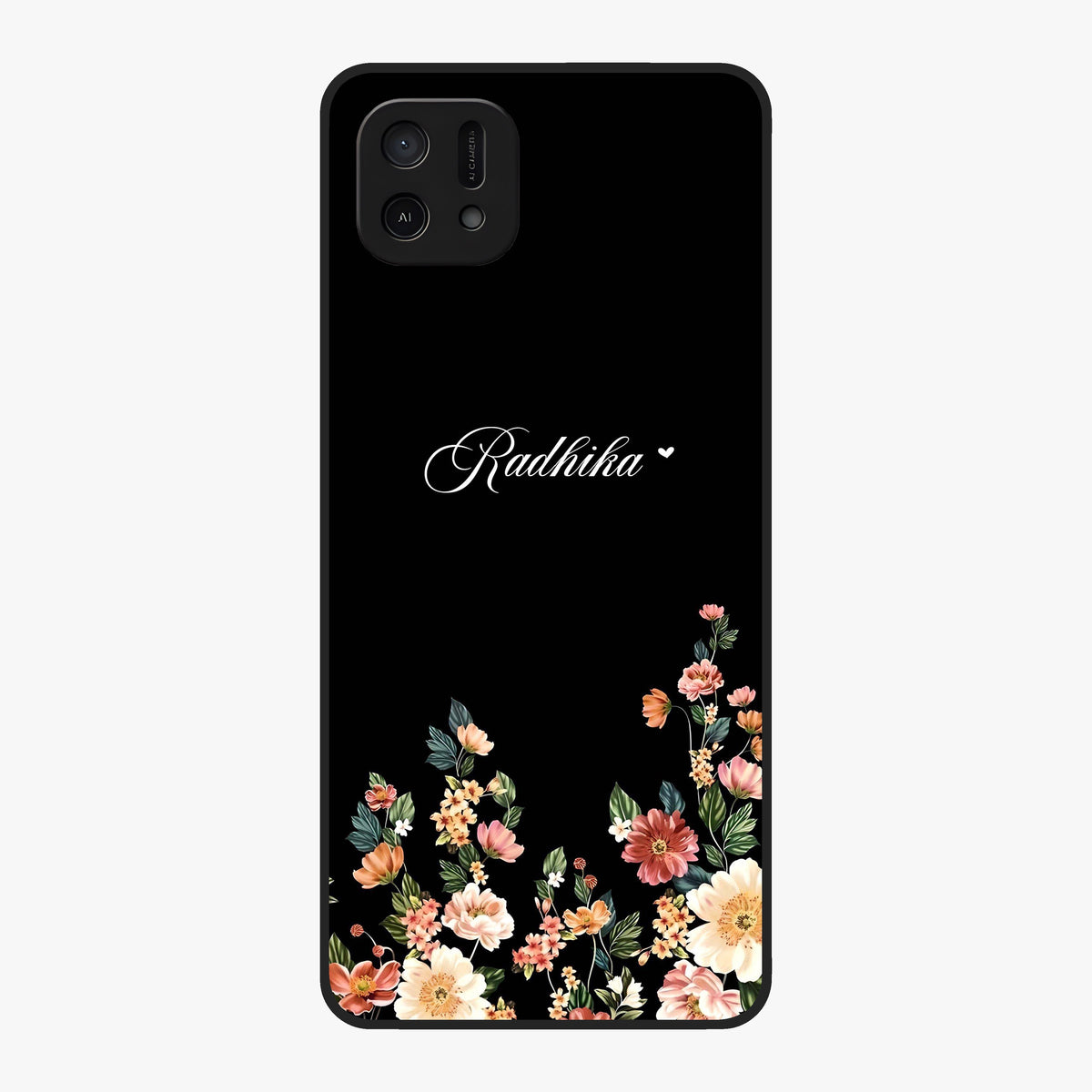 Floral Design With a Custom Personalized Name Glass Case showing flat back view with floral artwork and personalized name design.