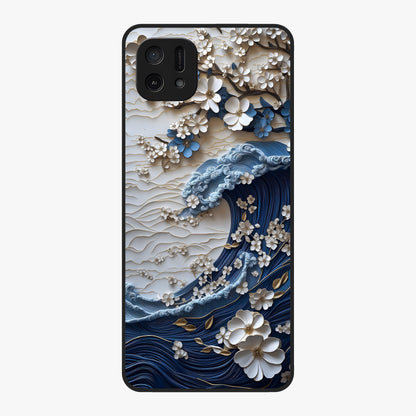 Floral Wave Origami Glass Case showing flat back view with origami inspired floral wave artwork and glossy glass finish.