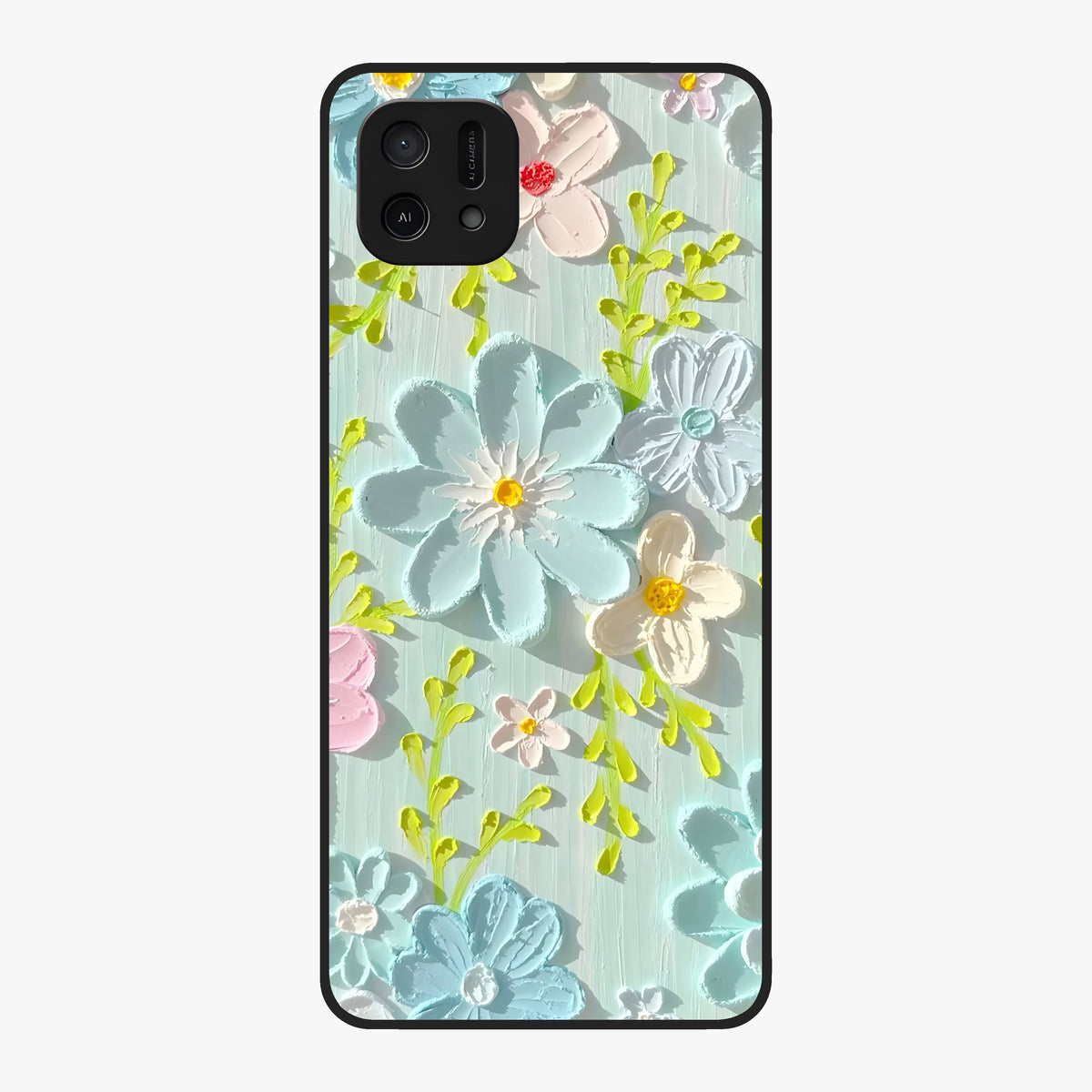 Frosted Petal Garden Glass Case showing flat back view with soft frosted floral artwork and glossy glass finish.