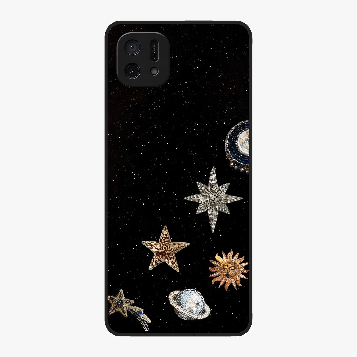 Galactic Charm Glow Glass Case showing flat back view with glowing celestial charm artwork and glossy glass finish.