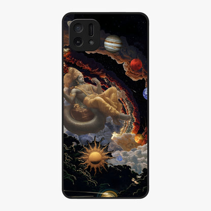 Galactic Divine God Glass Case showing flat back view with divine cosmic themed artwork and glossy glass finish.