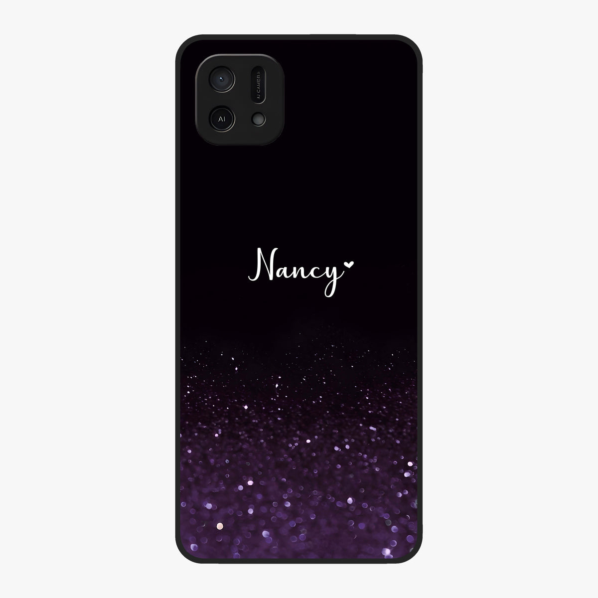 Glittery Purple Bokeh Custom Name Glass Case showing flat back view with purple bokeh sparkle artwork and personalized name design.