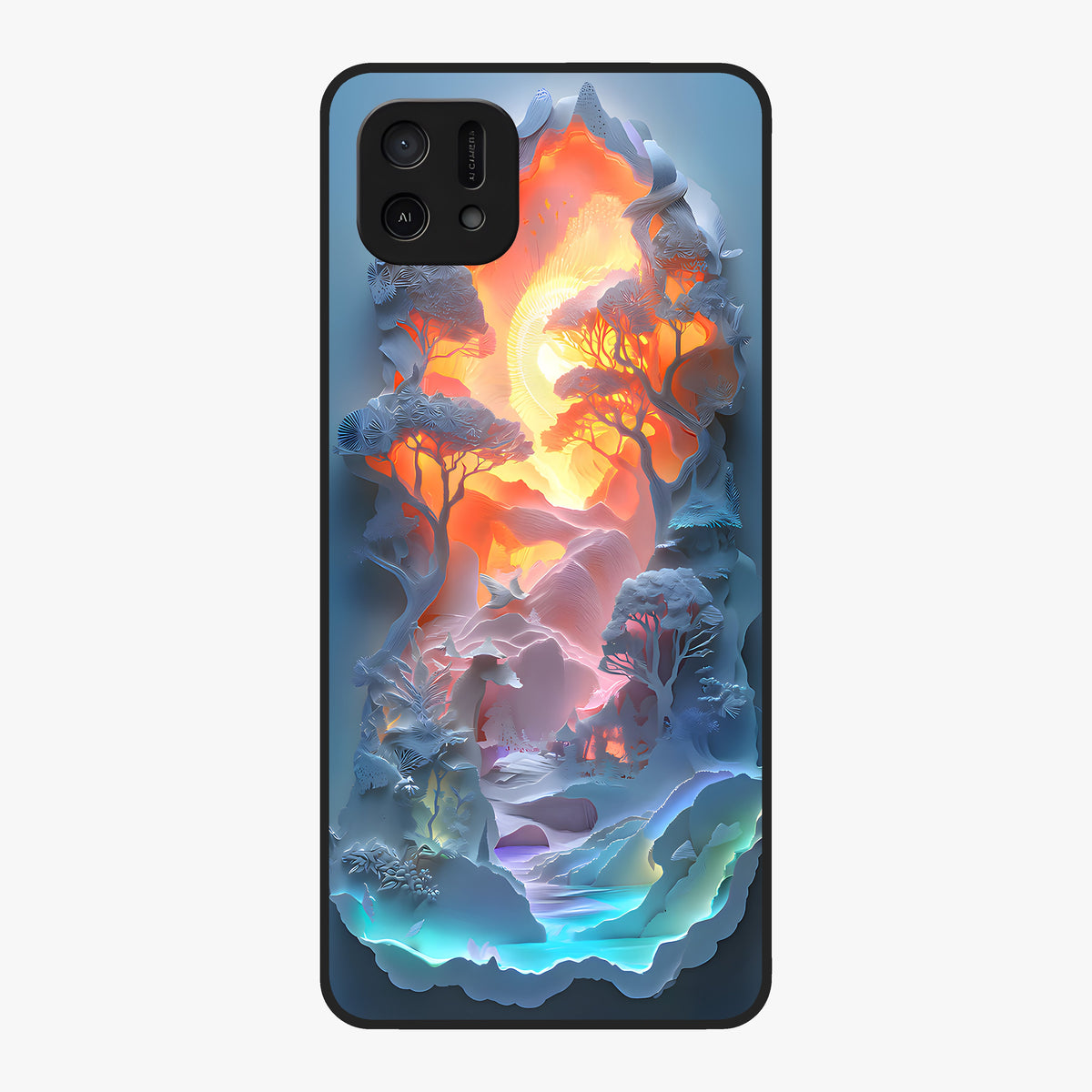 Glow Forest Portal Glass Case showing flat back view with glowing forest portal artwork and glossy glass finish.