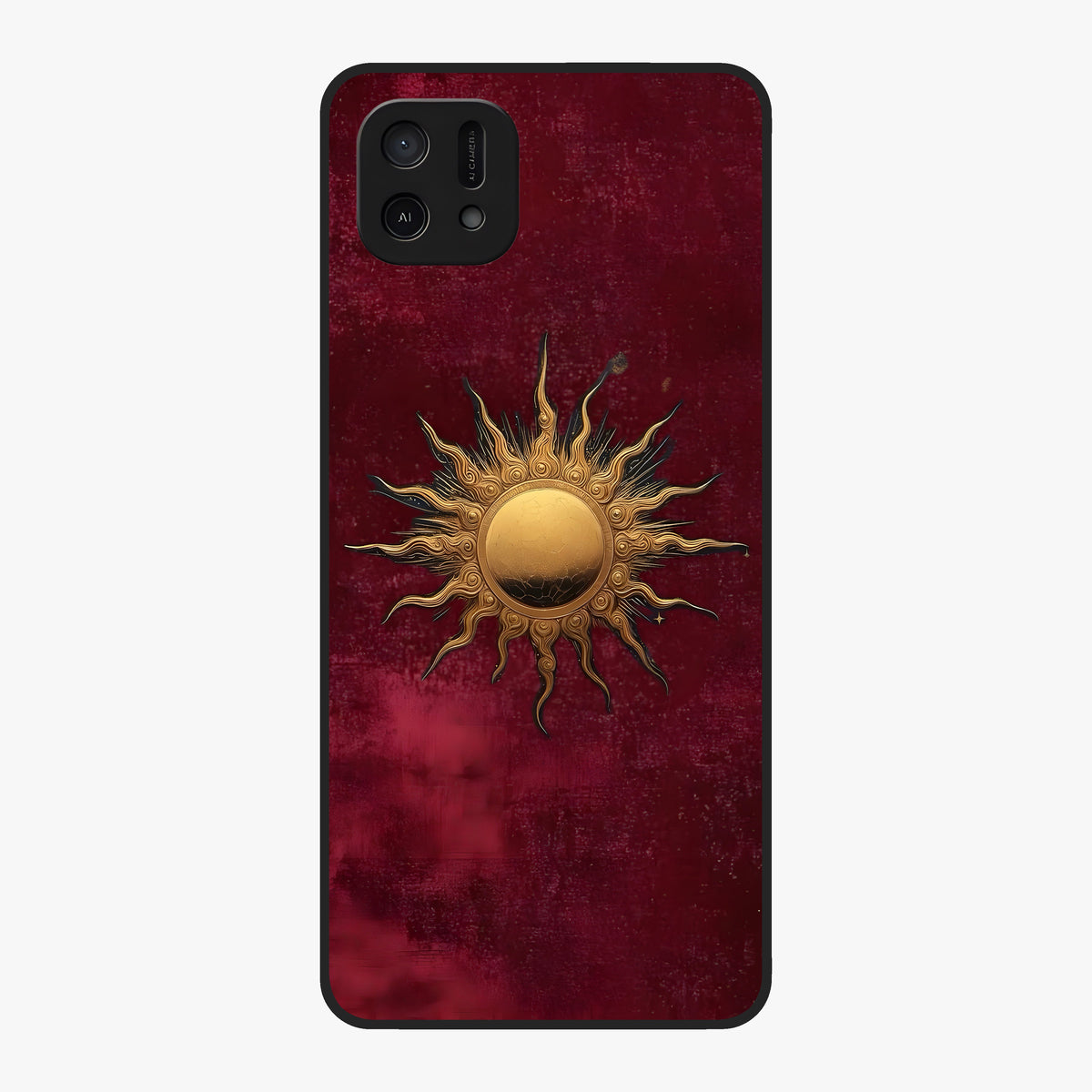 Gold Sun Blush Glass Case showing flat back view with golden sun inspired artwork and glossy glass finish.