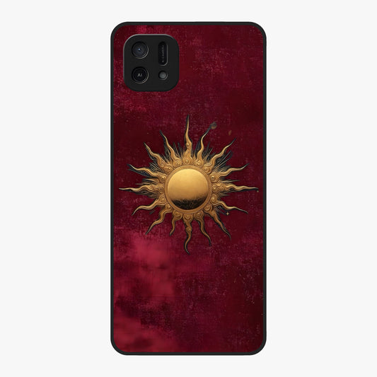 Gold Sun Blush Glass Case showing flat back view with golden sun inspired artwork and glossy glass finish.