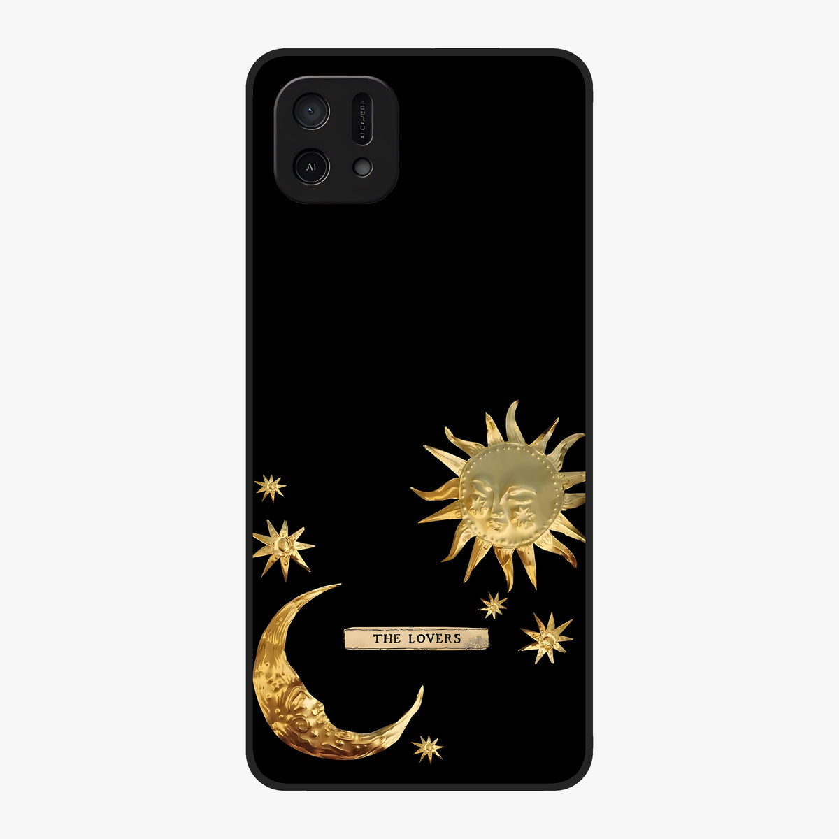 Golden Celestial Charm Glass Case showing flat back view with golden celestial charm artwork and glossy glass finish.
