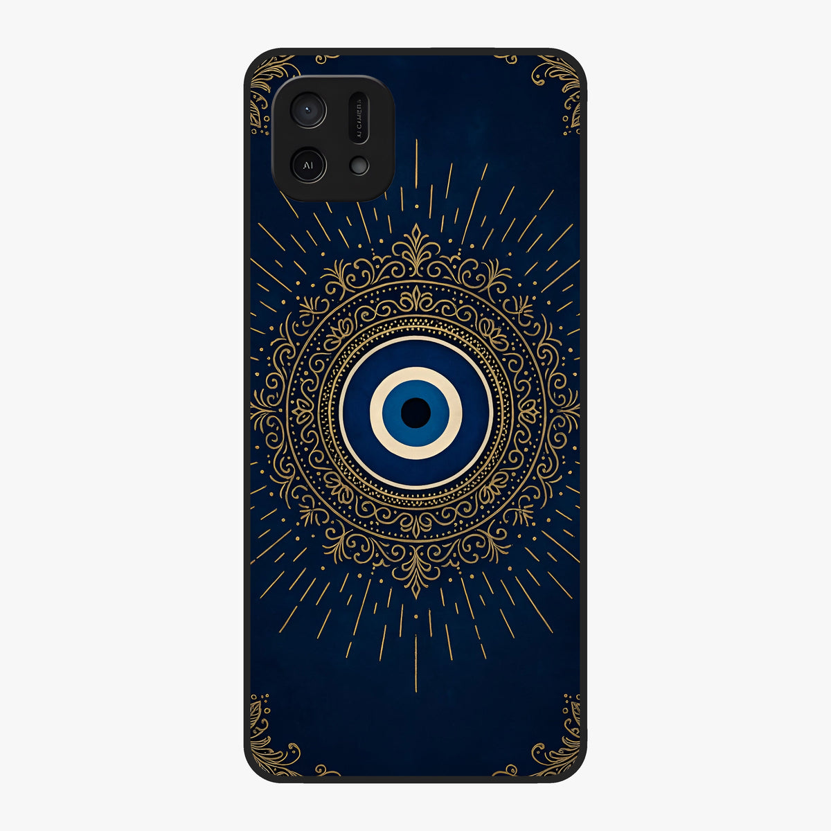 Golden Evil Eye Mandala Glass Case showing flat back view with intricate evil eye mandala artwork and glossy glass finish.