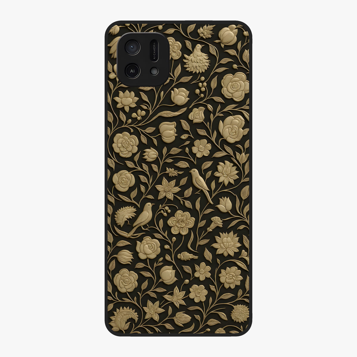 Golden Floral Majesty Glass Case showing flat back view with luxurious golden floral artwork and glossy glass finish.