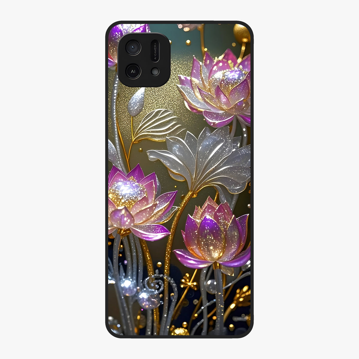 Golden Lotus Glow Glass Case showing flat back view with glowing lotus flower artwork and glossy glass finish.