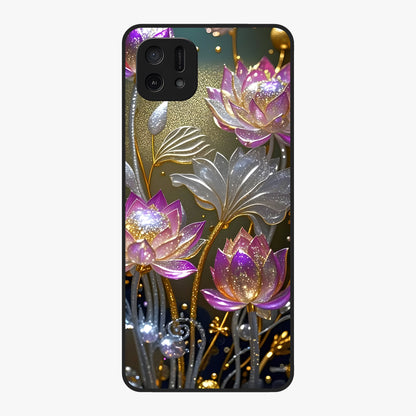 Golden Lotus Glow Glass Case showing flat back view with glowing lotus flower artwork and glossy glass finish.