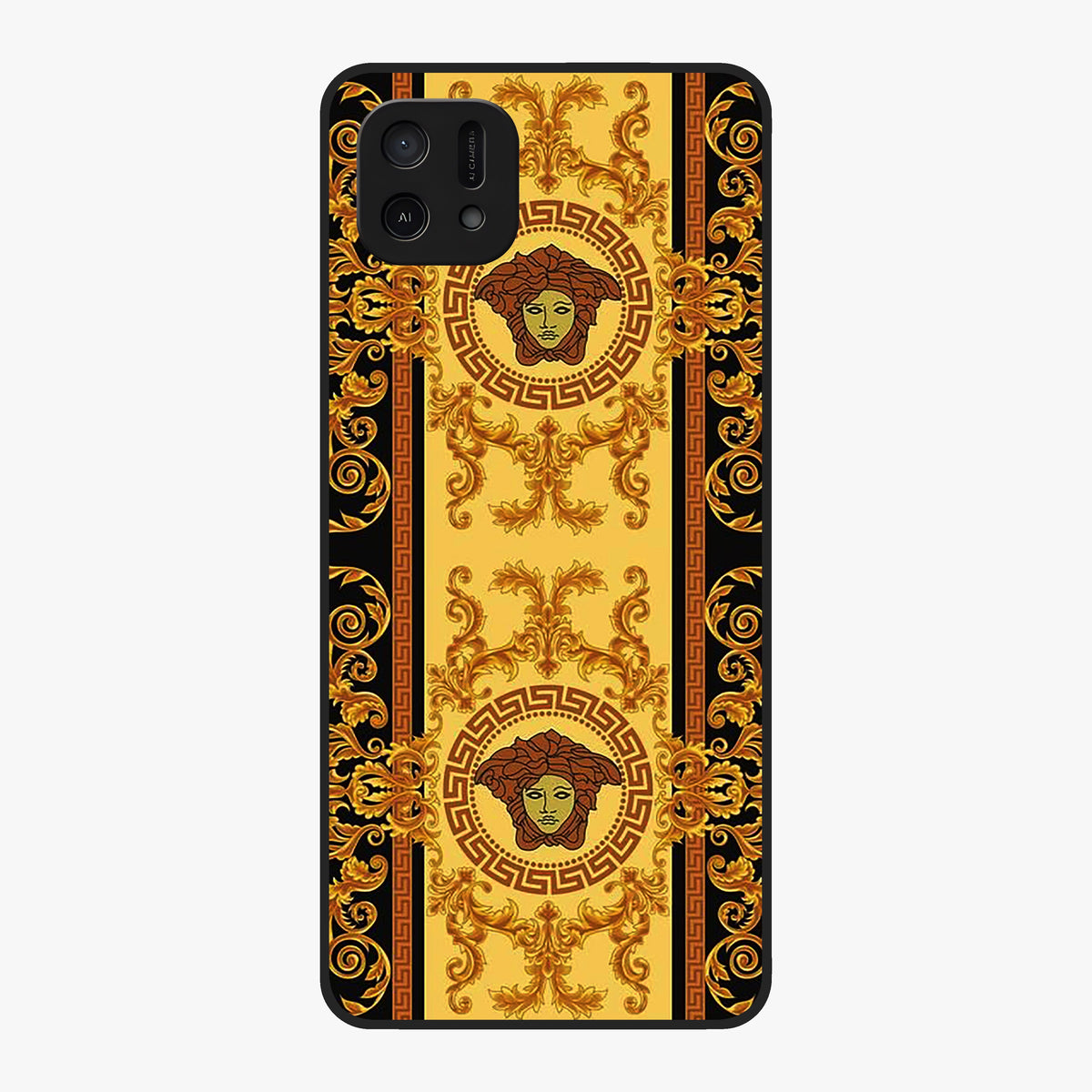 Golden Royal Heritage Glass Case showing flat back view with ornate royal pattern artwork and glossy glass finish.