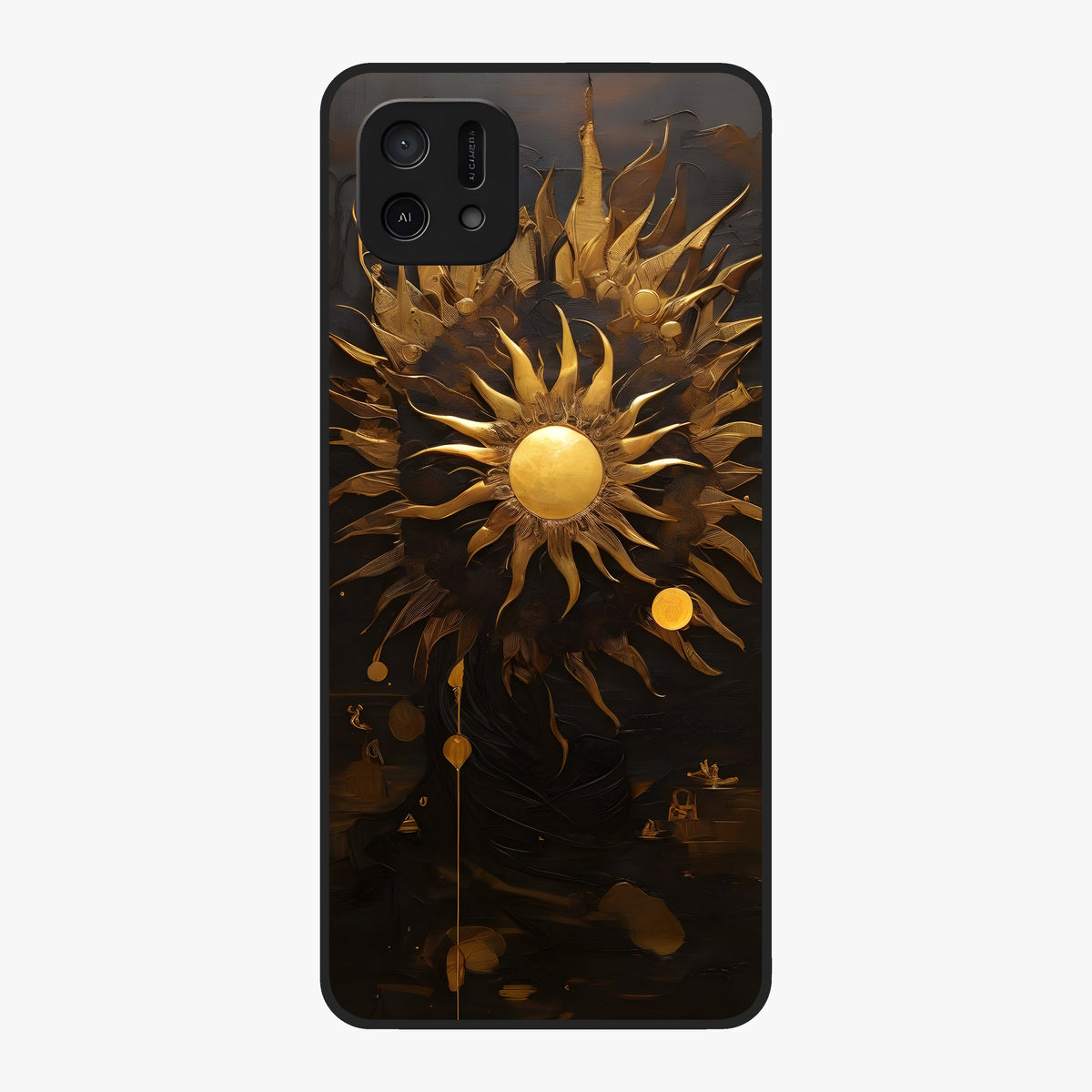 Golden Sun Majesty Glass Case showing flat back view with radiant golden sun artwork and glossy glass finish.