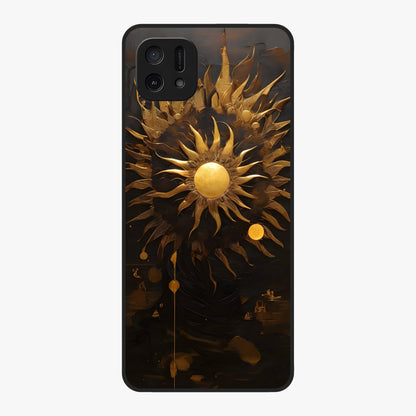 Golden Sun Majesty Glass Case showing flat back view with radiant golden sun artwork and glossy glass finish.