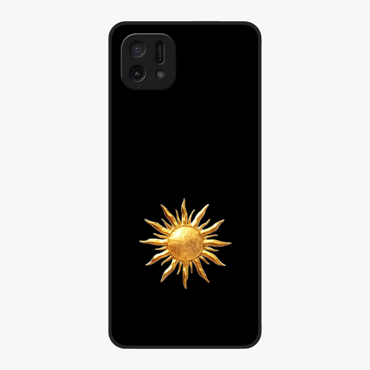 Golden Sun Minimalism Glass Case showing flat back view with minimal golden sun artwork and glossy glass finish.