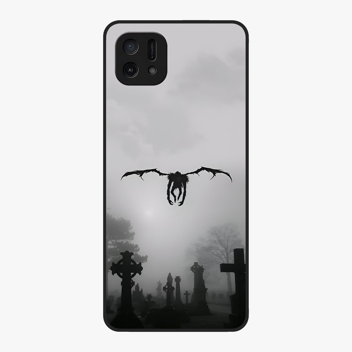 Graveyard Shadow Descent Glass Case showing flat back view with dark graveyard themed artwork and glossy glass finish.