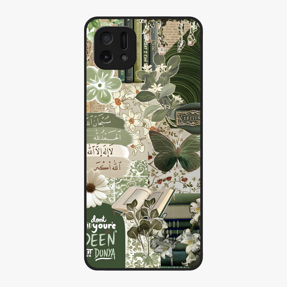 Green Islamic Books Quotes Glass Case showing flat back view with Islamic quotes and book themed artwork and glossy glass finish.