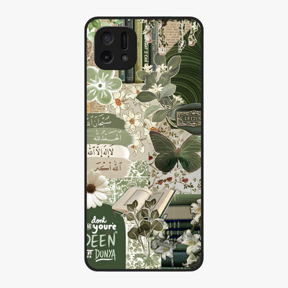 Green Islamic Books Quotes Glass Case showing flat back view with Islamic quotes and book themed artwork and glossy glass finish.