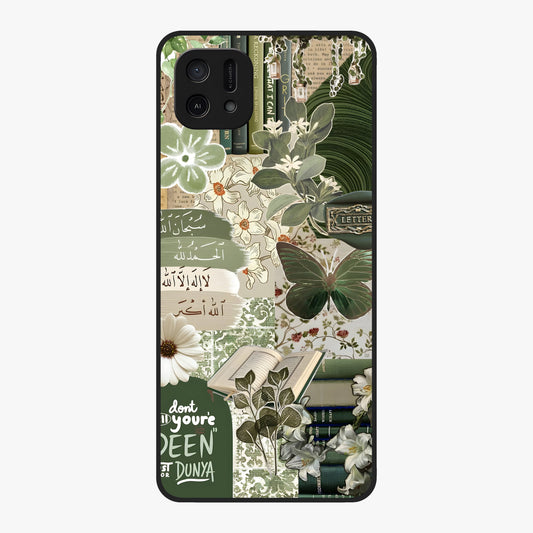 Green Islamic Books Quotes Glass Case showing flat back view with Islamic quotes and book themed artwork and glossy glass finish.