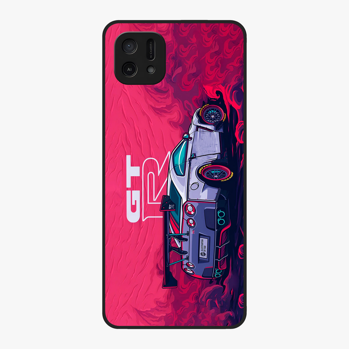 GT-R Car Pattern Glass Case showing flat back view with sporty car inspired pattern artwork and glossy glass finish.