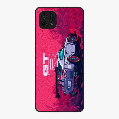 GT-R Car Pattern Glass Case showing flat back view with sporty car inspired pattern artwork and glossy glass finish.