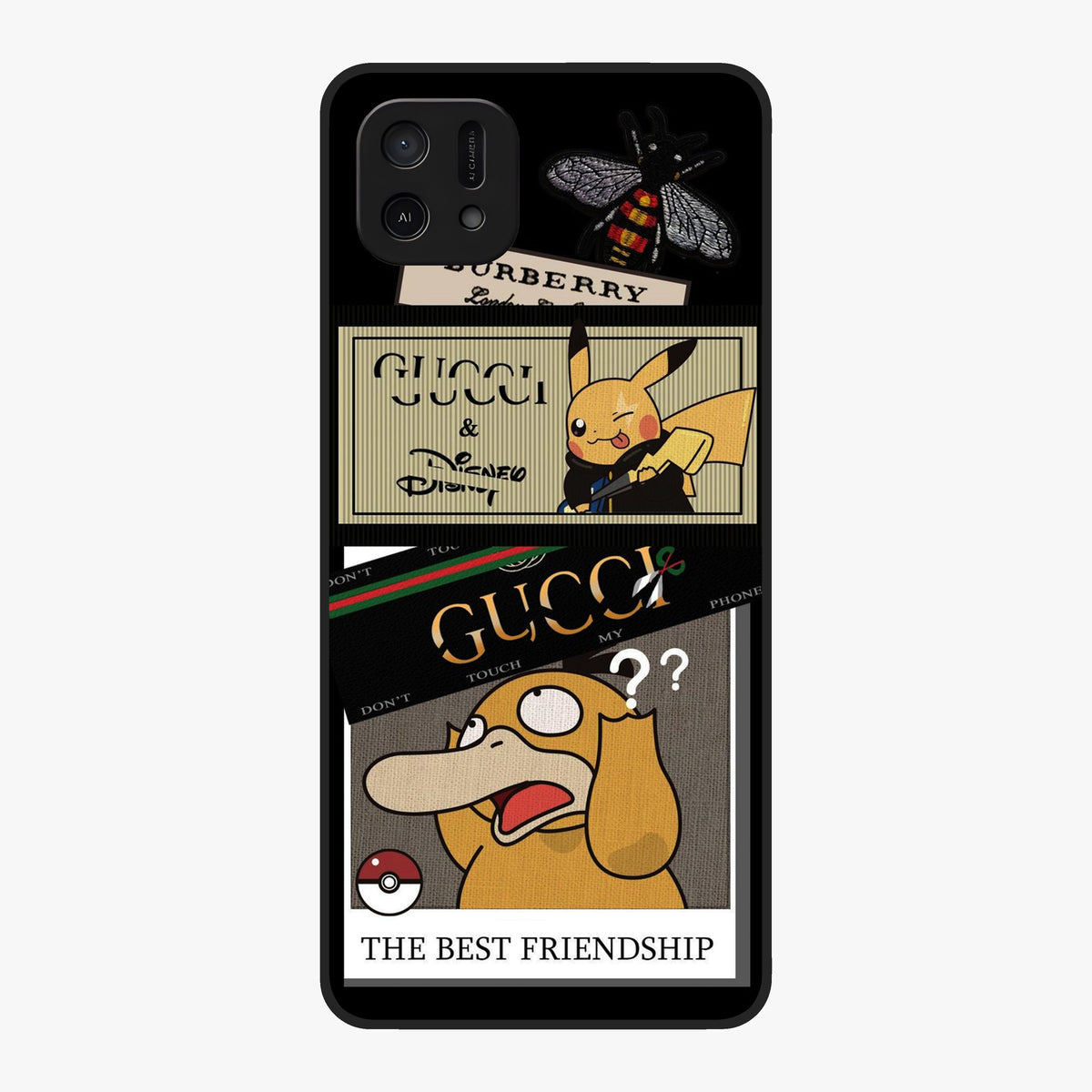 Gucci Play Mashup Glass Case showing flat back view with luxury inspired graphic artwork and glossy glass finish.
