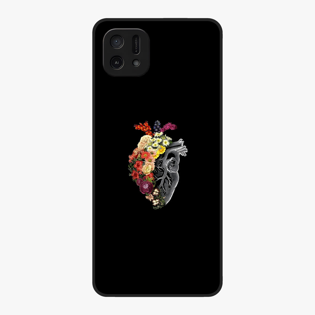 Heart With Flowers Glass Case showing flat back view with heart shaped floral artwork and glossy glass finish.