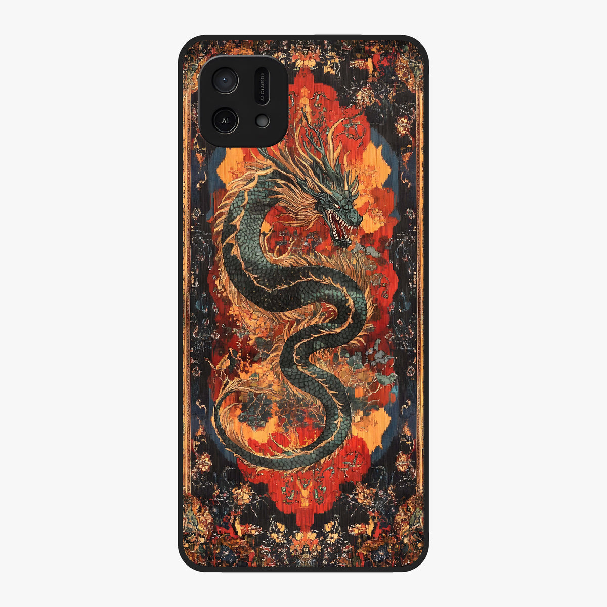 Inferno Dragon Soul Glass Case showing flat back view with fiery dragon artwork and glossy glass finish.