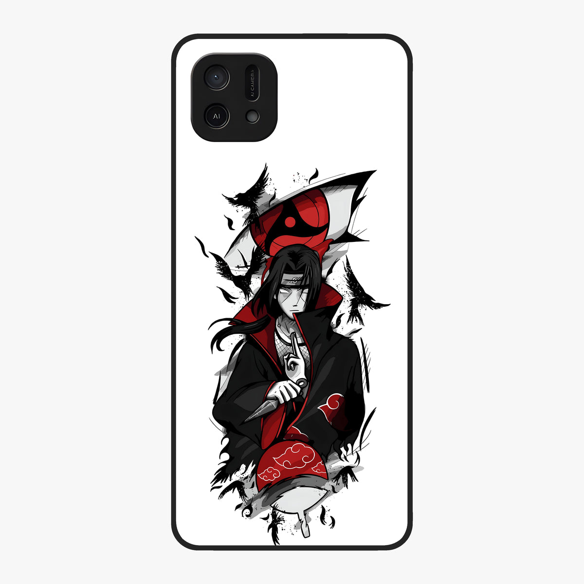 Itachi Sharingan Glass Case showing flat back view with powerful anime eye artwork and glossy glass finish.