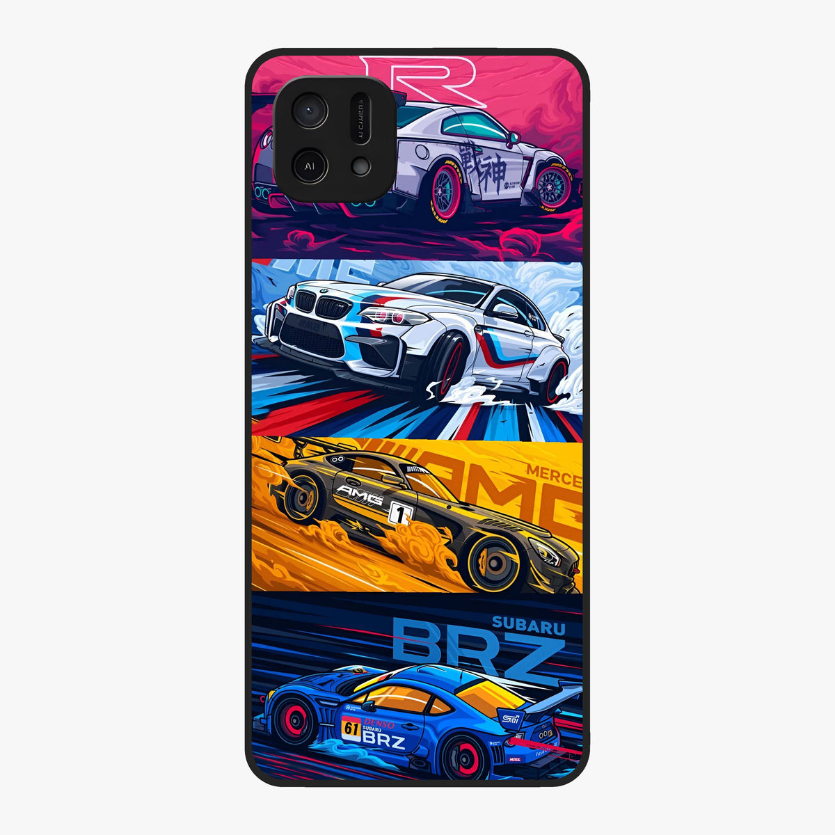 JDM Sports Car Glass Case showing flat back view with high performance sports car artwork and glossy glass finish.