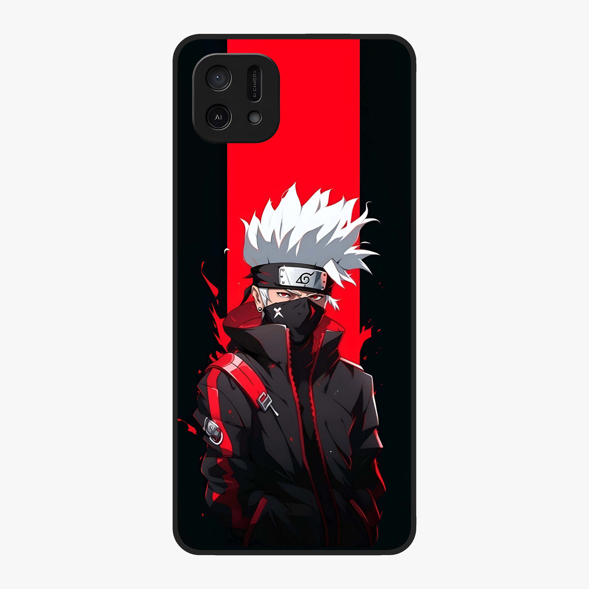 Kakashi Scarlet Shadow Glass Case showing flat back view with powerful anime ninja artwork and glossy glass finish.