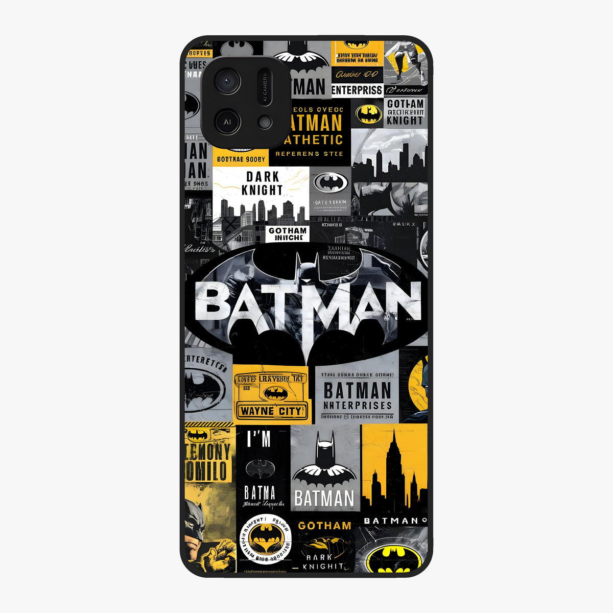 Knight Gotham Rise Glass Case showing flat back view with dark hero inspired artwork and glossy glass finish.