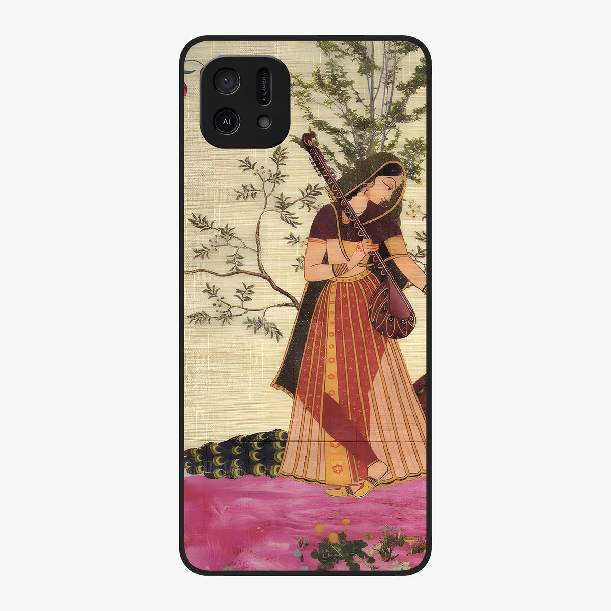 Lady With Veena Art Glass Case showing flat back view with elegant woman playing veena artwork and glossy glass finish.