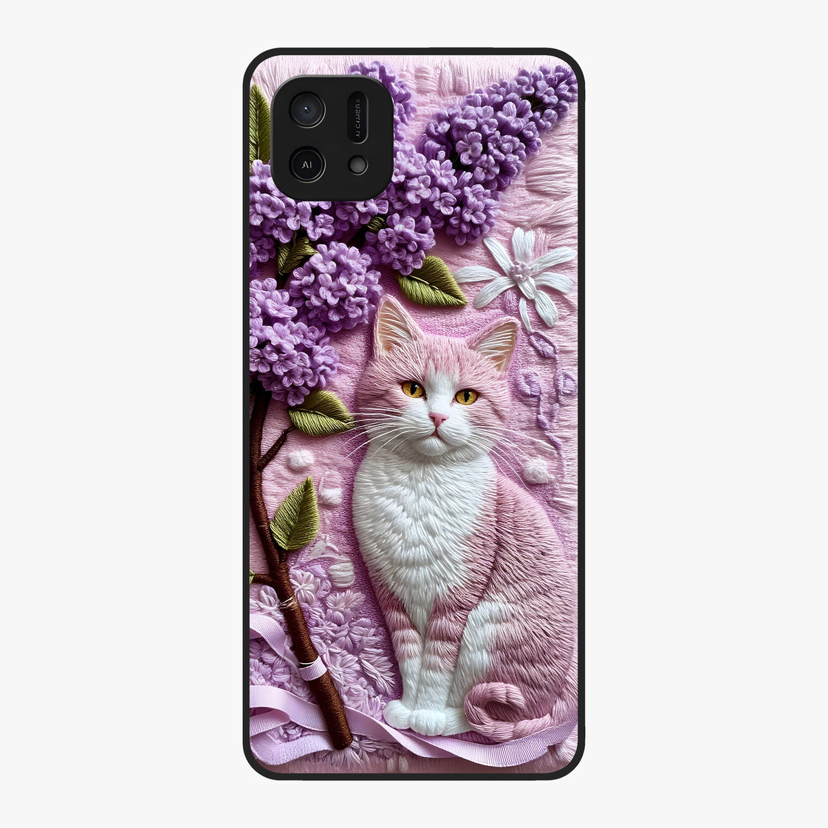 Lavender Cat Whimsy Glass Case showing flat back view with cute lavender cat artwork and glossy glass finish.