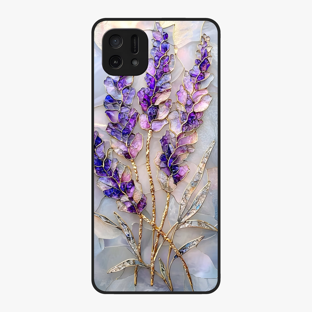 Lavender Dream Glow Glass Case showing flat back view with glowing lavender aesthetic artwork and glossy glass finish.