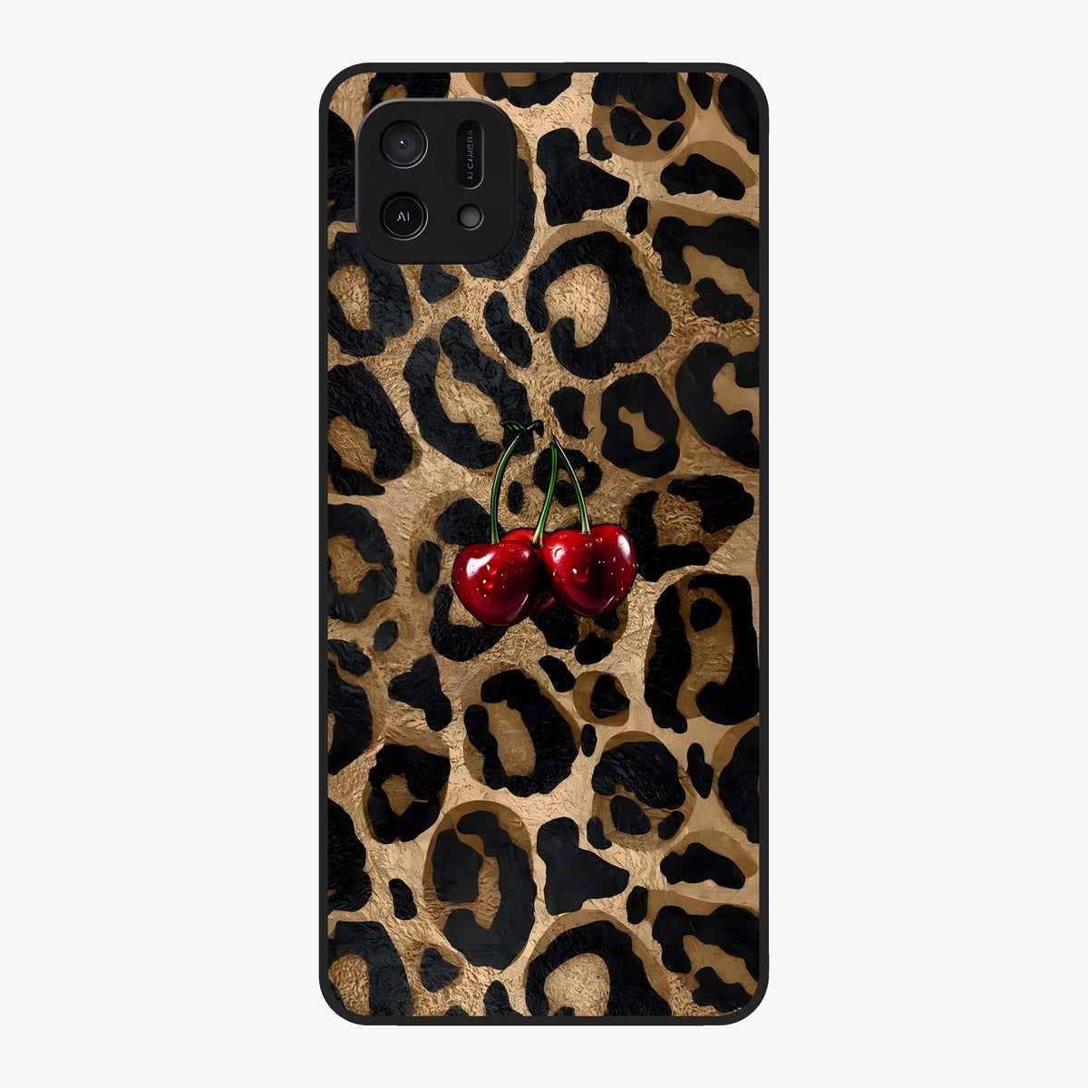 Leopard Wild Cherry Glass Case showing flat back view with leopard pattern and cherry artwork and glossy glass finish.