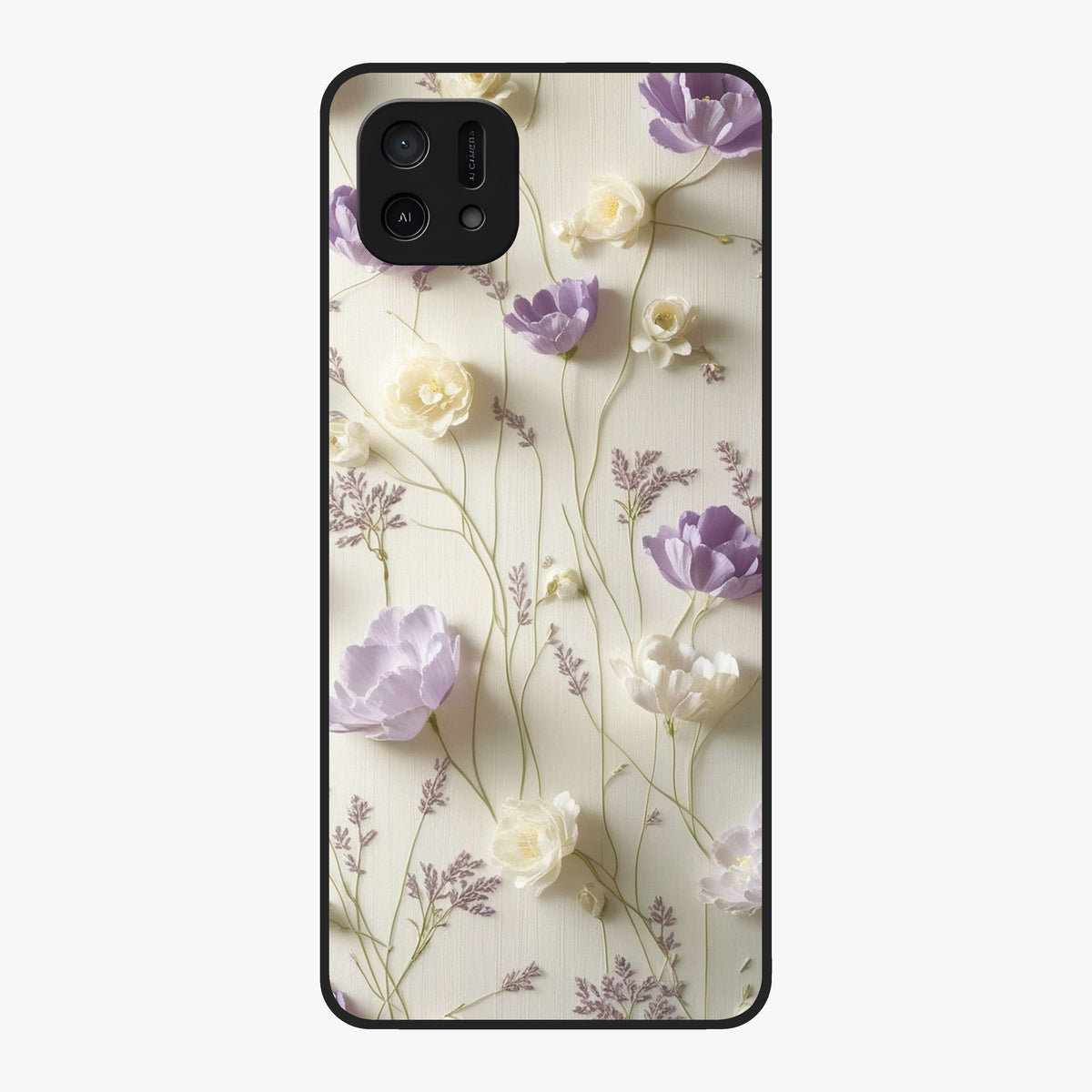 Lilac Breeze Harmony Glass Case showing flat back view with soft lilac themed artwork and glossy glass finish.