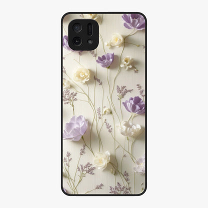 Lilac Breeze Harmony Glass Case showing flat back view with soft lilac themed artwork and glossy glass finish.