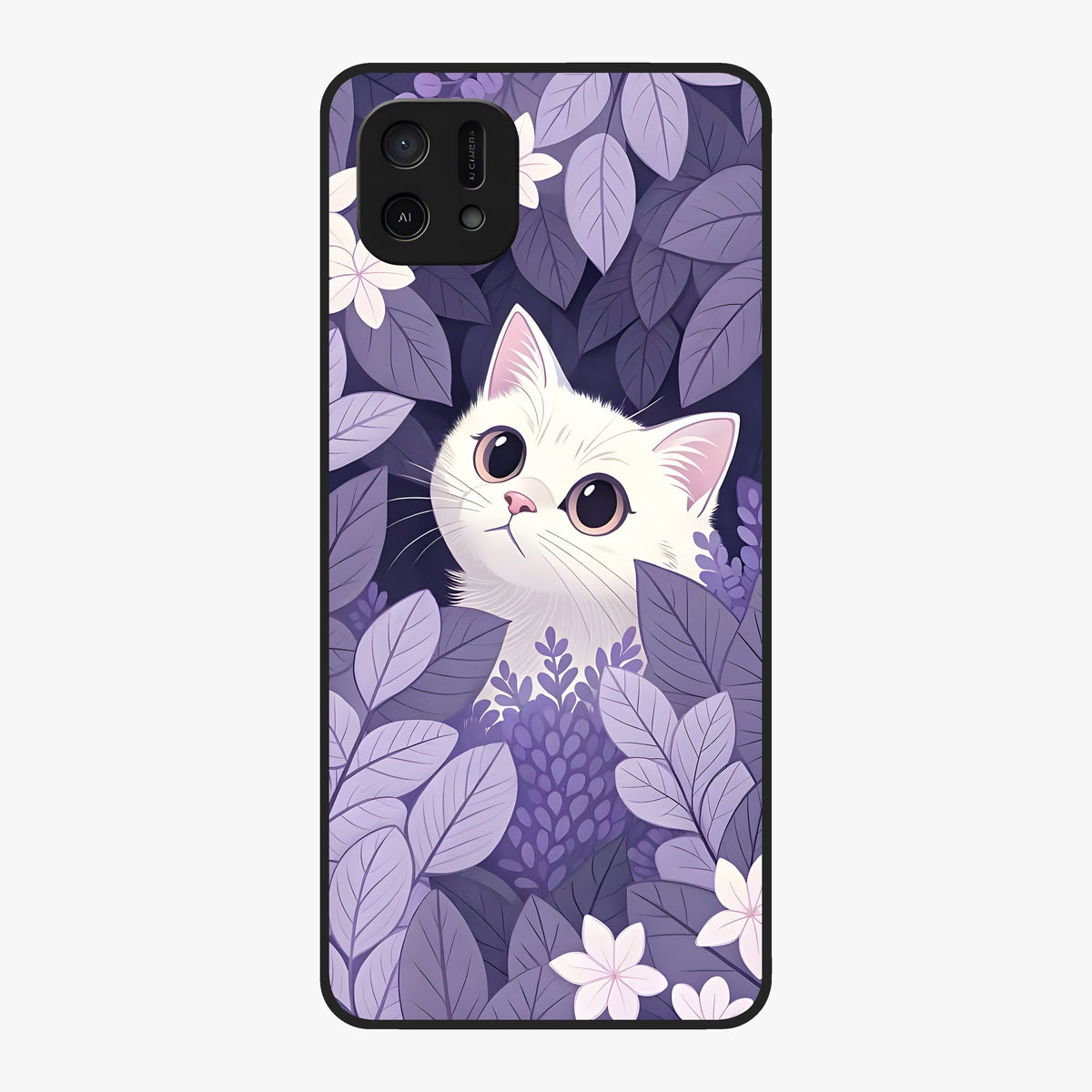 Lilac Hide Peek Cat Glass Case showing flat back view with cute peeking cat artwork and glossy glass finish.