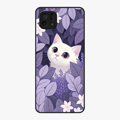 Lilac Hide Peek Cat Glass Case showing flat back view with cute peeking cat artwork and glossy glass finish.