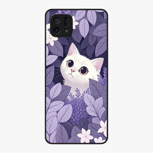 Lilac Hide Peek Cat Glass Case showing flat back view with cute peeking cat artwork and glossy glass finish.