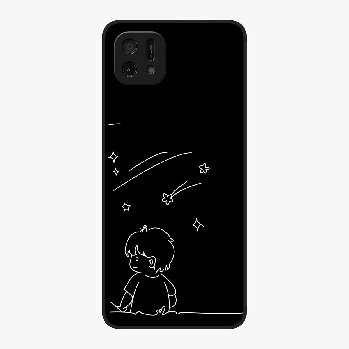 Line Art Boy With Shooting Stars Glass Case showing flat back view with minimal line art boy and shooting stars illustration and glossy glass finish.