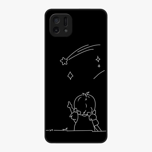 Line Art Girl With Shooting Stars Glass Case showing flat back view with minimal line art girl and shooting stars illustration and glossy glass finish.