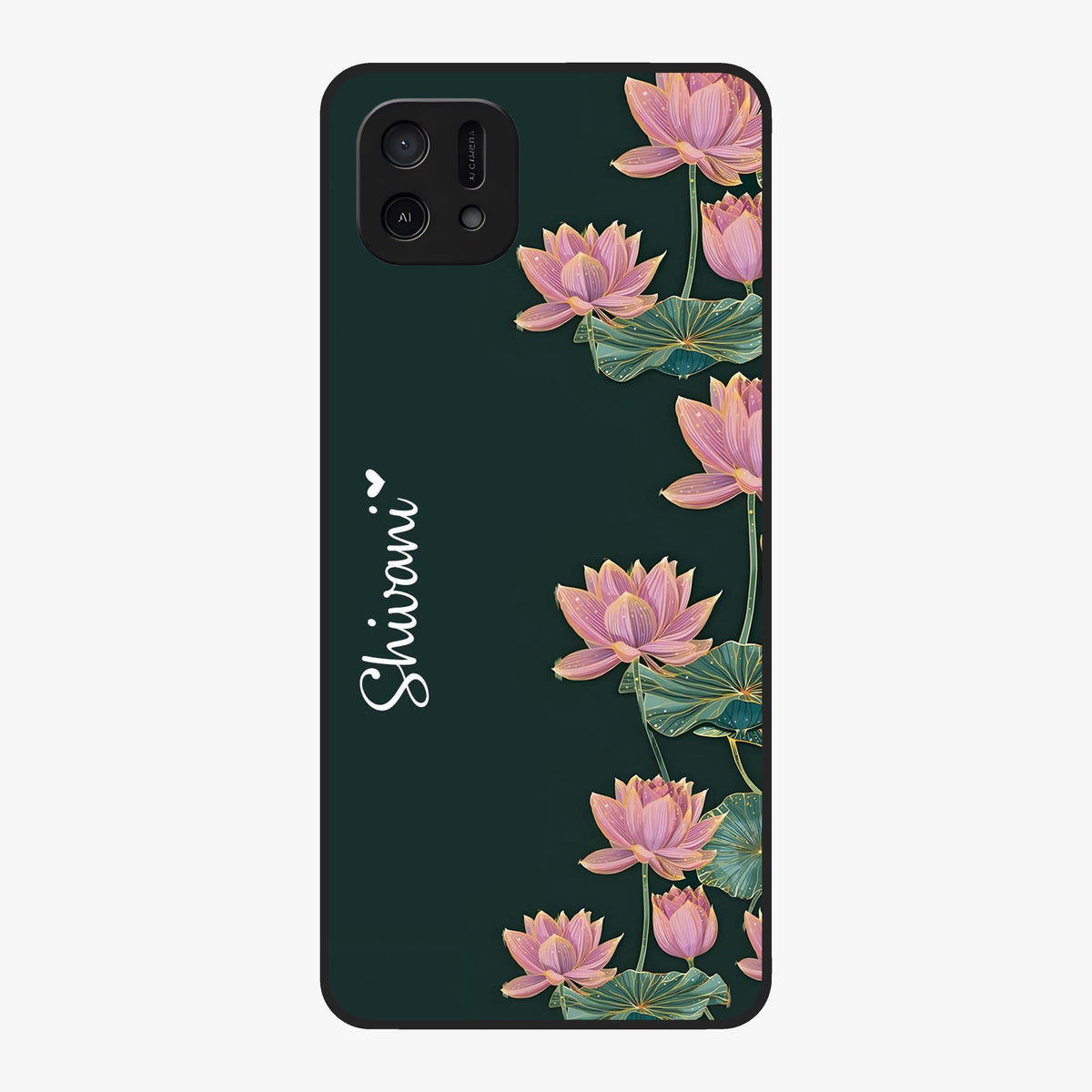 Lotus Bloom Serenity Custom Name Glass Case showing flat back view with elegant lotus flower artwork and personalized name design.